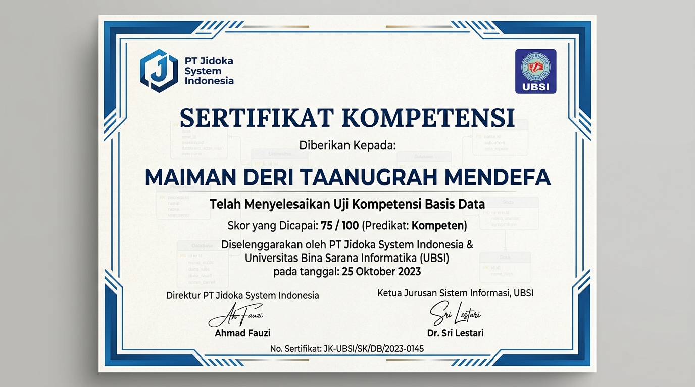 Sertifikat Uji Kompetensi Basis Data PT Jidoka