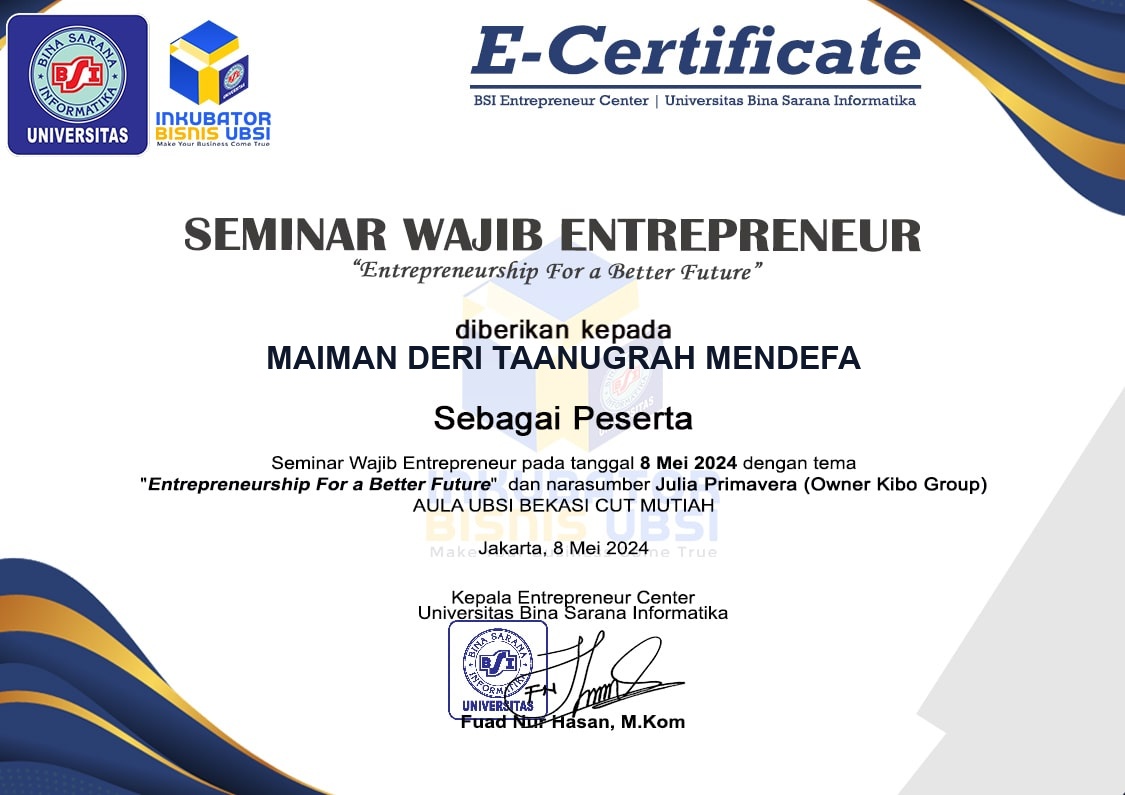 E-Certificate Seminar Wajib Entrepreneur BSI