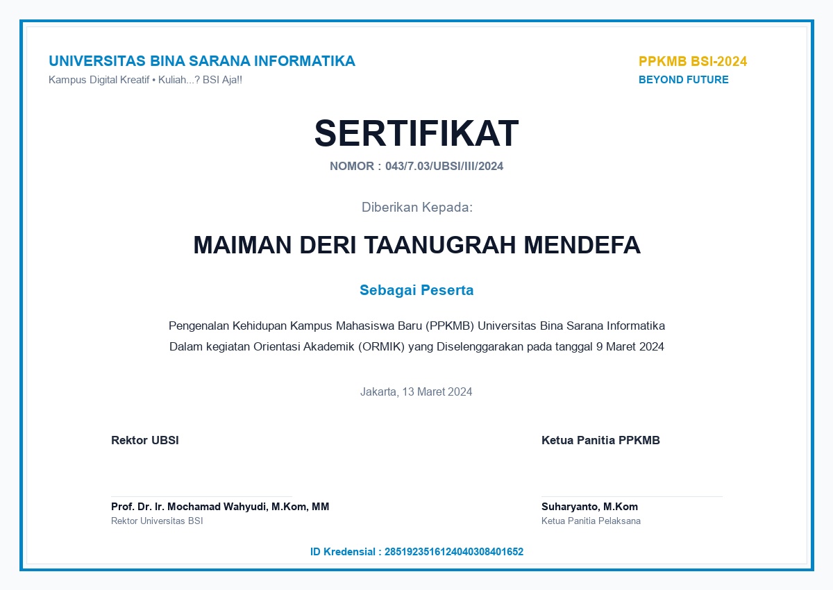 Sertifikat PPKMB UBSI 2024